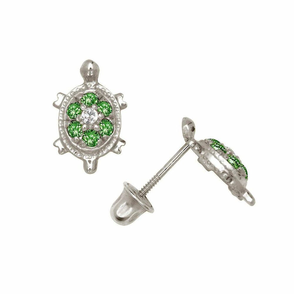 14k Solid White Gold Birthstone Turtle Screw Back… - image 5